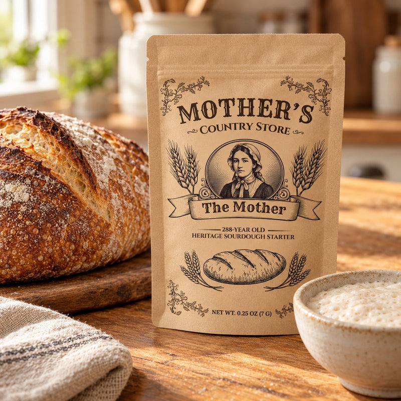 The Mother sourdough starter – pouch beside a fresh loaf