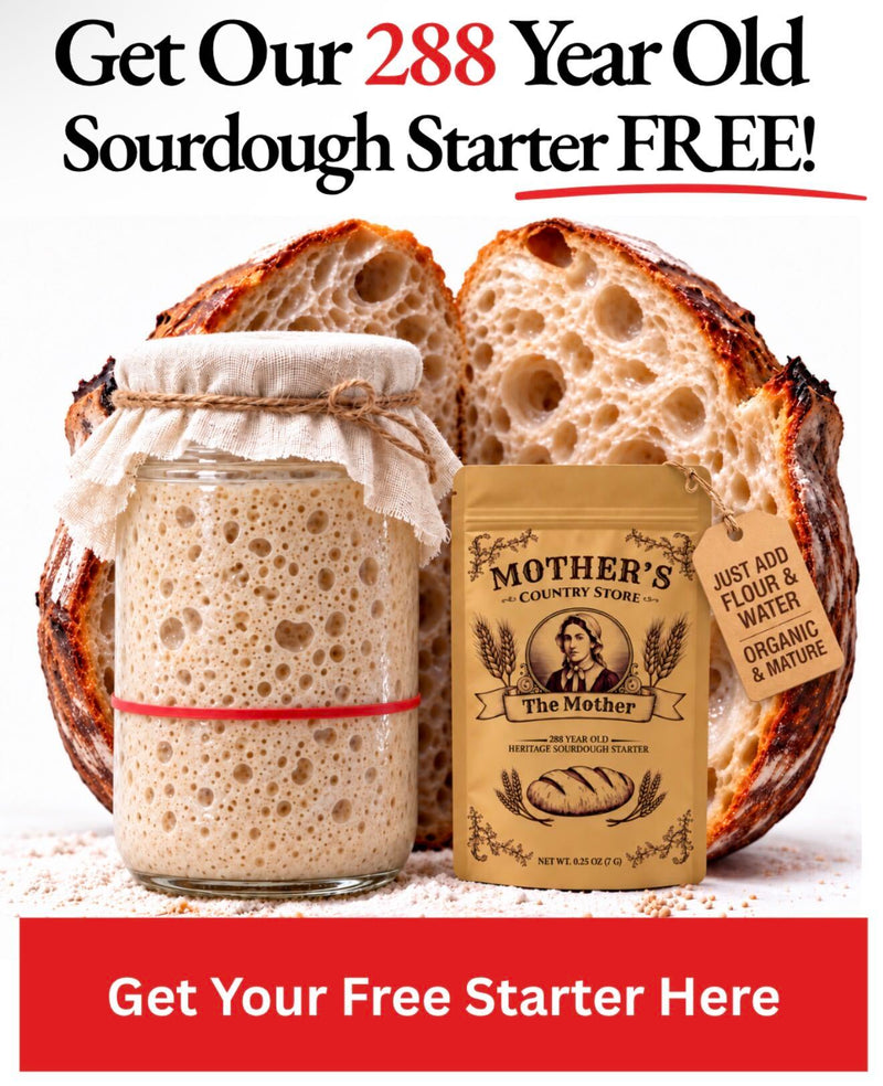 Get The Mother 288-year-old sourdough starter free – pouch and bubbly jar of starter in front of an open sourdough loaf