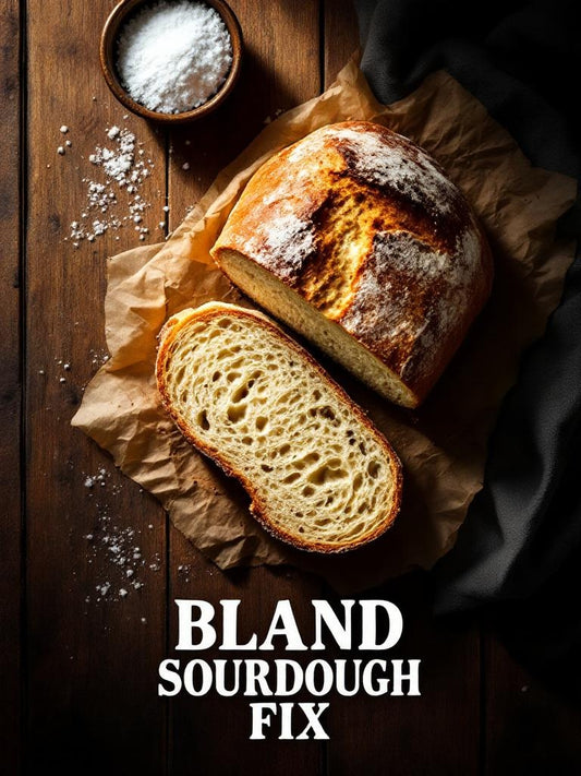 Sourdough bread loaf cut open showing crumb with bowls of salt and flour — bland sourdough flavor fix guide