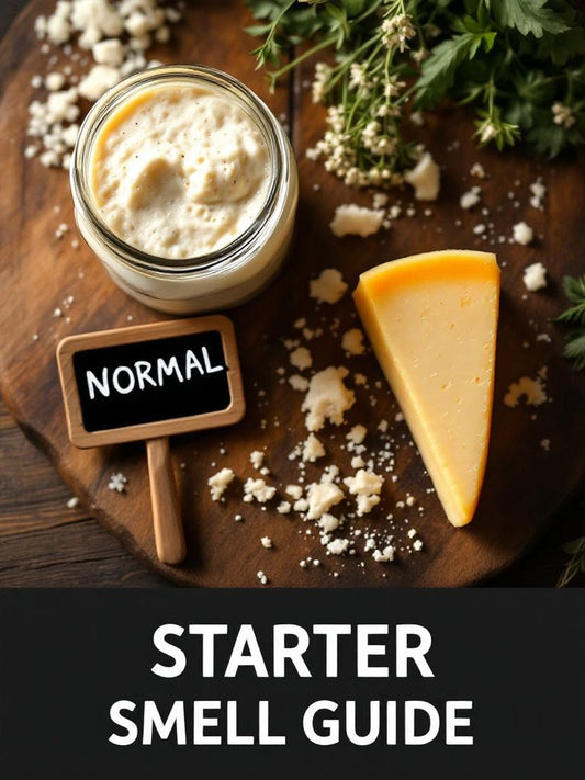 Sourdough starter in a mason jar with bubbles next to a cheese wedge showing the cheese smell comparison guide