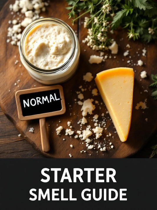 Sourdough starter in a mason jar with bubbles next to a cheese wedge showing the cheese smell comparison guide