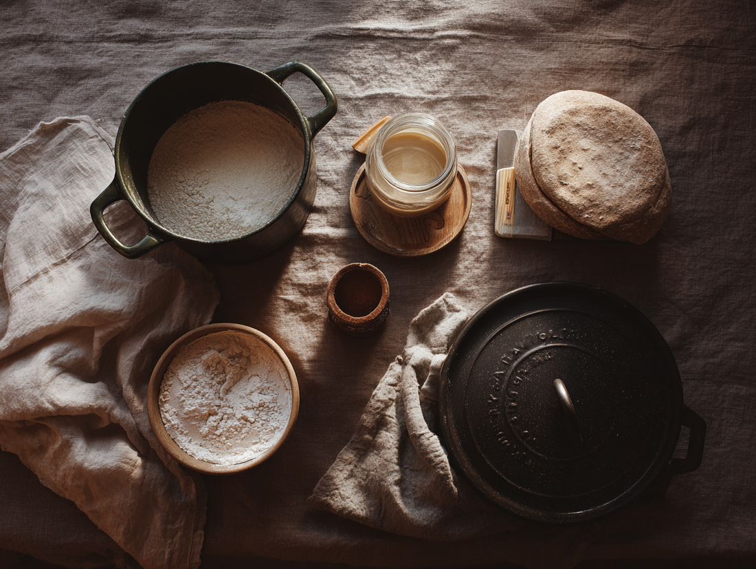 Minimal sourdough baking tools on a counter: starter jar, digital scale, mixing bowl, Dutch oven, razor blade, and towel-lined bowl for proofing.