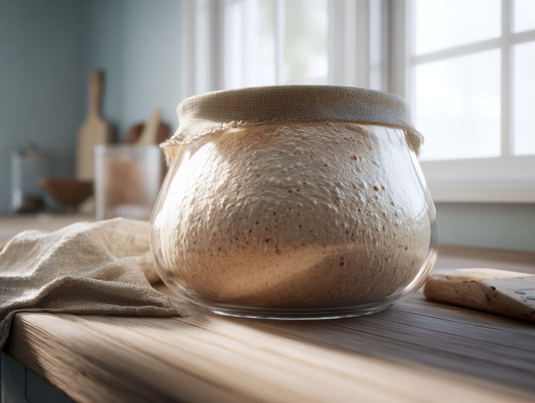 Domed sourdough dough bulk fermenting in a clear container with visible side bubbles, set on a wooden countertop in natural light.