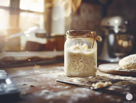 Glass jar of bubbly sourdough starter with a rubber band rise marker beside a digital scale and flour on a wooden counter.