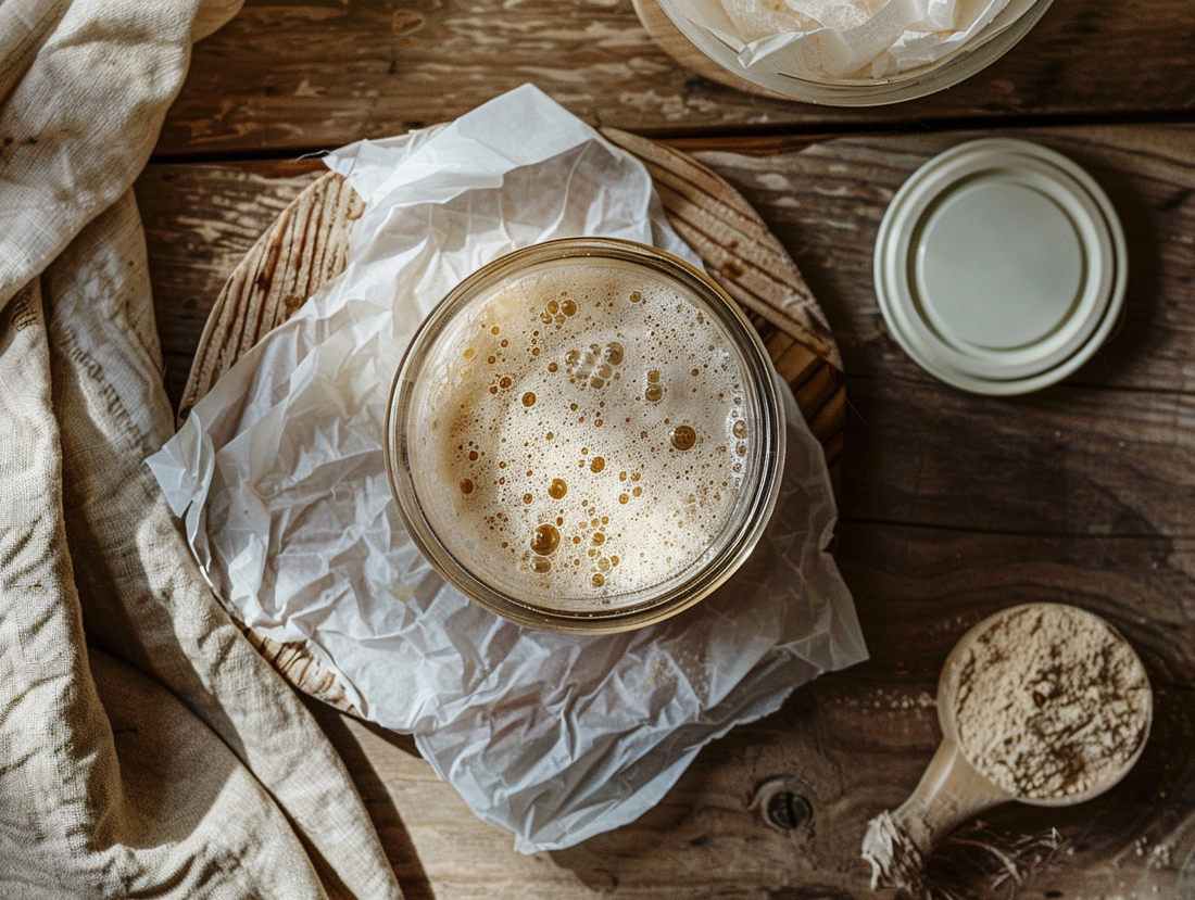 Top-down photo of an active sourdough starter jar beside dried starter flakes on parchment and a small freezer jar, representing dehydrating and freezing backups.