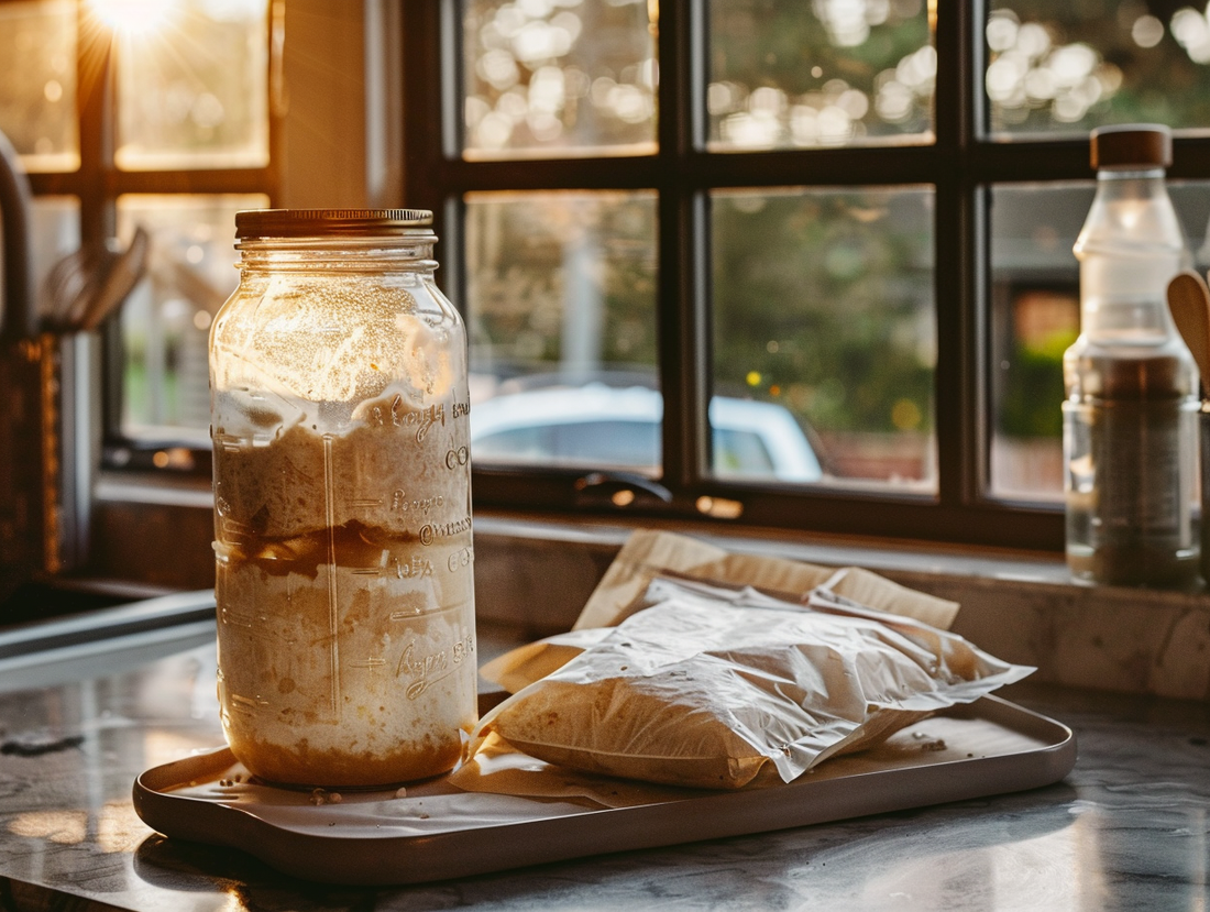 Dated jar of sourdough discard in a refrigerator beside portioned discard in a flat freezer bag for safe storage.