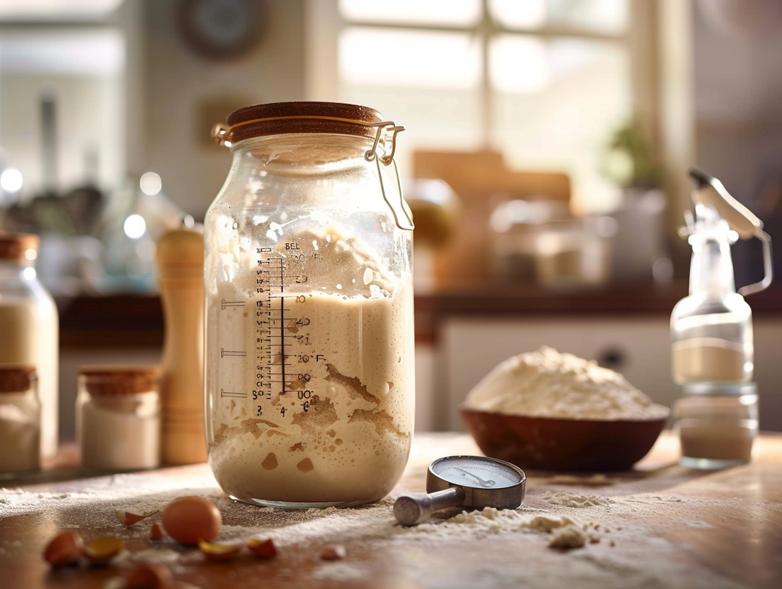 Glass jar of sourdough starter at peak rise with bubbles and a rubber band marking the level on a kitchen counter.