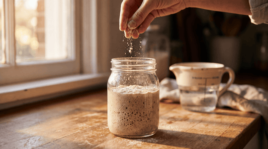 Close-up of hands sprinkling a pinch of Pippy sourdough starter helper into a glass jar of flour-and-water paste on a wooden counter.