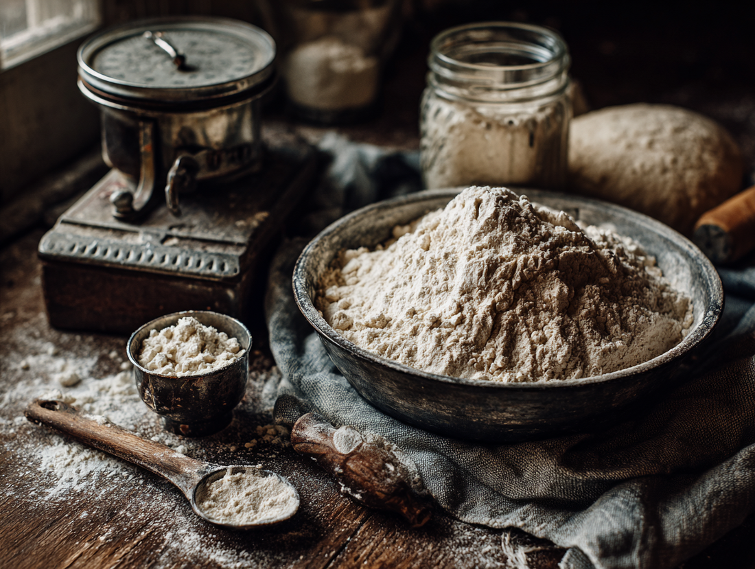 Overhead photo of a mechanical kitchen scale with flour in a bowl, measuring cups nearby, and a bubbly sourdough starter jar on a floured wooden counter.