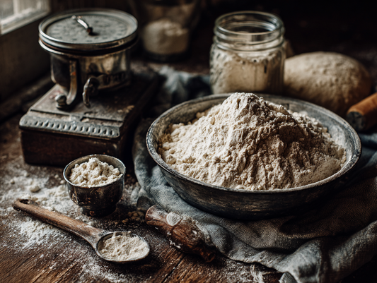 Overhead photo of a mechanical kitchen scale with flour in a bowl, measuring cups nearby, and a bubbly sourdough starter jar on a floured wooden counter.