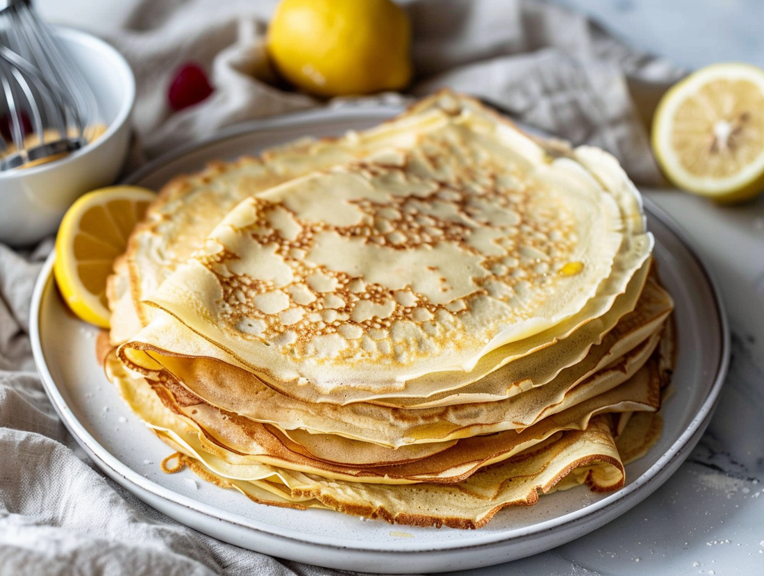 Thin sourdough discard crêpes stacked on a plate with lemon and berries beside a bowl of batter.
