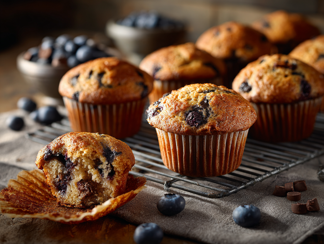 Bakery-style sourdough discard muffins with tall domes cooling on a rack, one split open to show a moist, fluffy crumb.