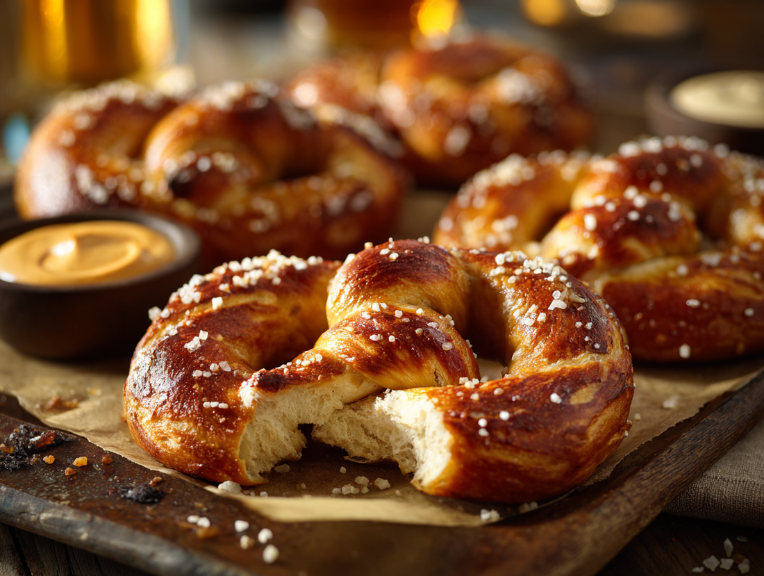 Deep golden sourdough discard soft pretzels with pretzel salt, shown on a baking sheet with dipping sauces and a torn-open pretzel revealing a chewy interior.