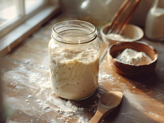 Glass jar of bubbly sourdough starter on a kitchen counter with flour and spoon, showing signs it needs feeding after developing a sharp acetone smell.