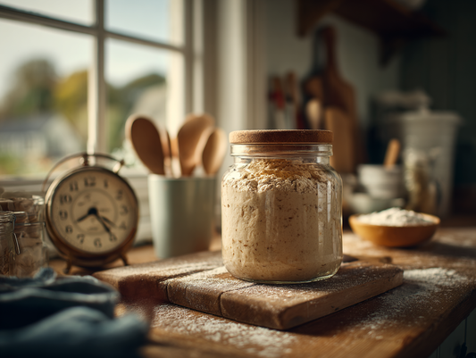 Glass jar of active sourdough starter rising at ideal temperature with thermometer in a home kitchen