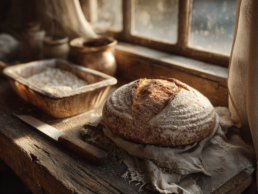 Shaped sourdough dough in a floured banneton beside a clear proofing container and scoring tools on a wooden counter in soft window light.
