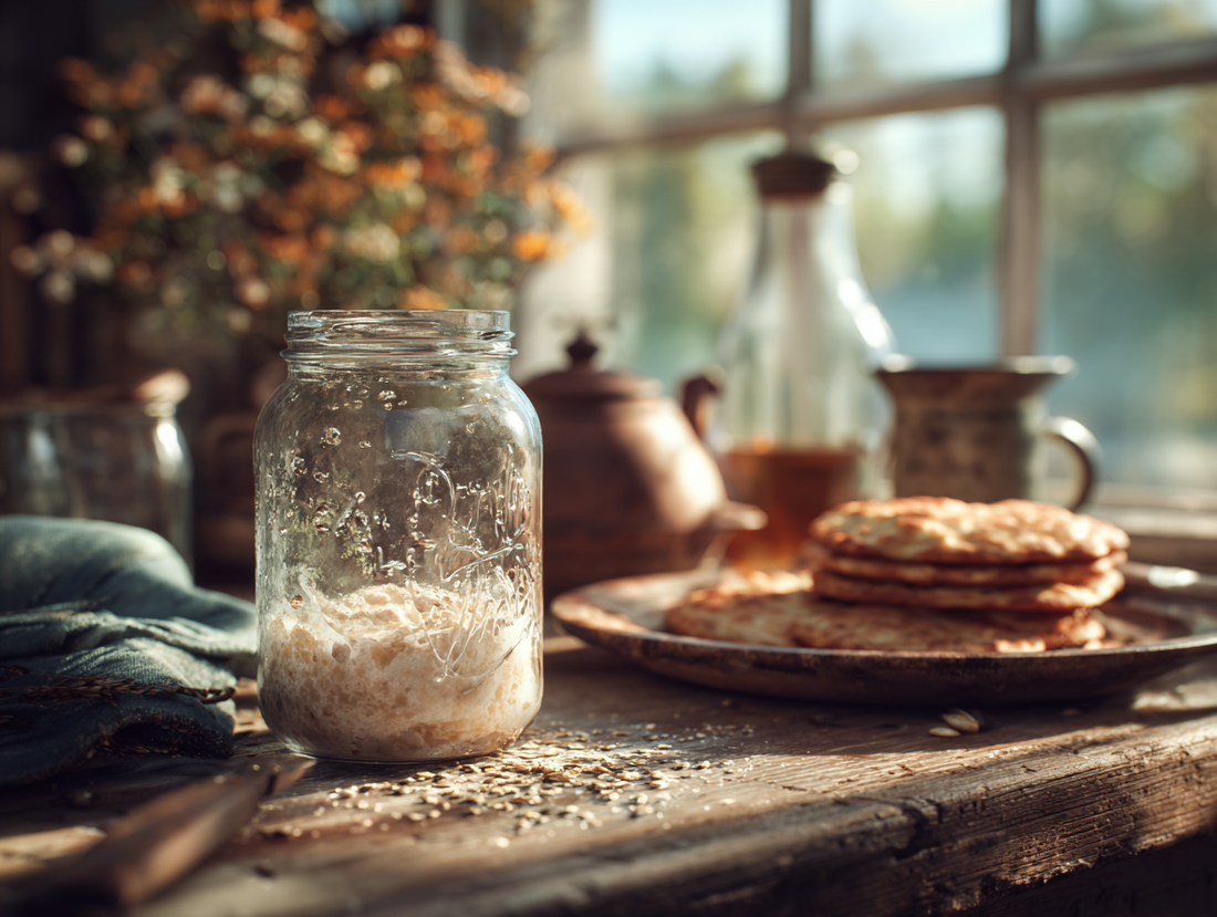 Glass jar of sourdough discard on a kitchen counter with bubbles and hooch, surrounded by homemade pancakes and crackers