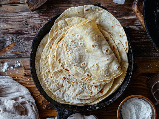 Stack of warm sourdough discard flour tortillas wrapped in a linen towel beside a cast iron skillet.