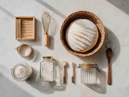 Sourdough starter in a clear glass jar showing visible bubbles beside scattered flour and a wooden spoon — best sourdough starter kit amazon guide from Mother's Country Store