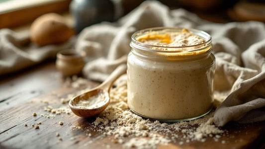 Sourdough starter with hooch layer showing hunger beside a kitchen scale and mixing bowl — can sourdough starter mold guide from Mother's Country Store