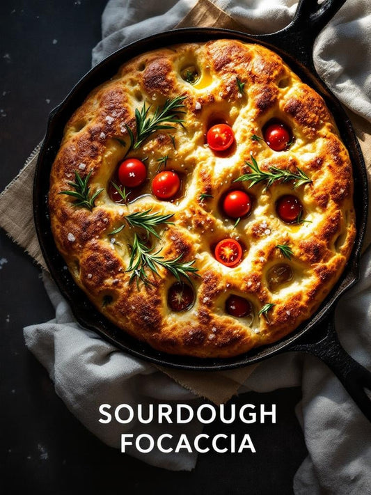 Sourdough starter being fed flour and water with a crumpled dish towel in the background — easy sourdough discard focaccia crispy bottom pillowy inside one pan guide from Mother's Country Store