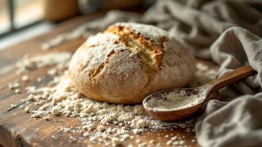 Sourdough starter culture with visible fermentation bubbles on a marble counter with flour dusting — how long sourdough starter in fridge guide from Mother's Country Store