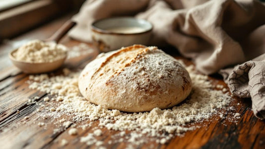 Sourdough starter in a clear glass jar showing visible bubbles beside scattered flour and a wooden spoon — how much sourdough starter to replace yeast guide from Mother's Country Store