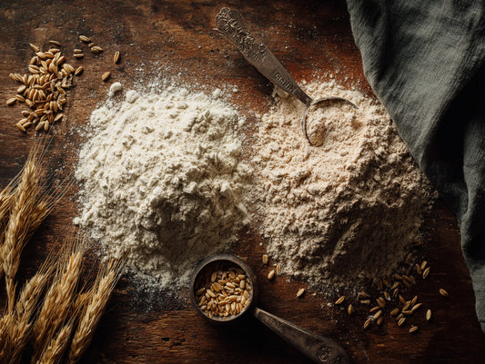 Heritage sourdough starter in a glass jar with rubber band marker beside a kitchen scale and mixing bowl — how to make a healthy sourdough starter guide from Mother's Country Store