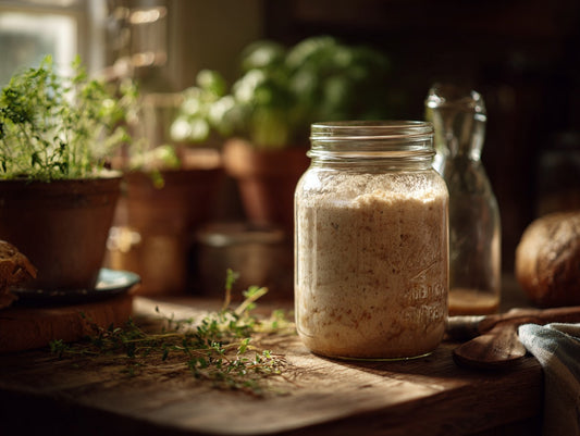Glass mason jar of active sourdough starter on a weathered oak kitchen counter — how to make sourdough starter guide from Mother's Country Store