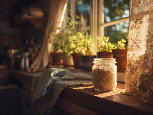 Sourdough starter culture with visible fermentation bubbles on a marble counter with flour dusting — how to name your sourdough starter guide from Mother's Country Store
