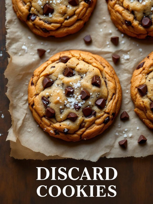 Thick gooey sourdough discard chocolate chip cookies with melted chocolate chunks and flaky sea salt on parchment paper