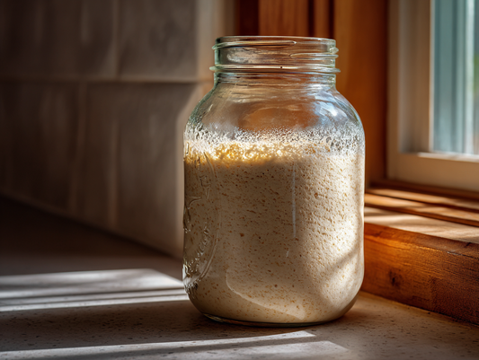 bubbly active sourdough starter that has doubled in size in a glass jar