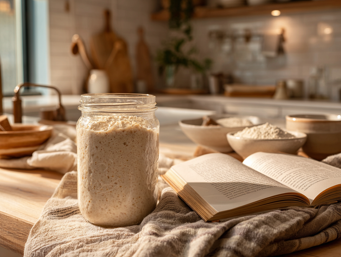 Active sourdough starter rising in a glass jar