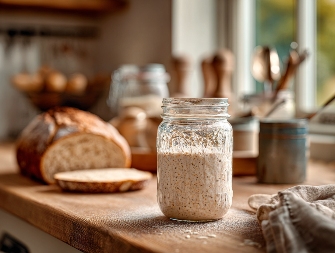 Active sourdough starter bubbling in glass jar