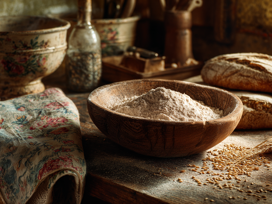 On Page SEO Optimizer said:  Rustic wooden bowl filled with bread flour on a farmhouse kitchen counter, with loaves of sourdough bread and scattered grains in the background.