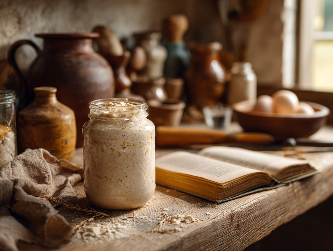 Glass jar with bubbly sourdough starter on kitchen counter