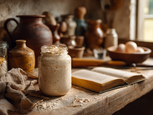 Glass jar with bubbly sourdough starter on kitchen counter