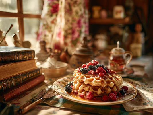 Crispy sourdough waffles topped with fresh berries and maple syrup
