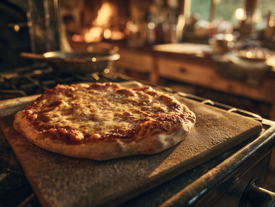 Homemade sourdough pizza baking on a hot pizza stone