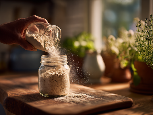Feeding sourdough starter by discarding half and adding equal parts flour and water