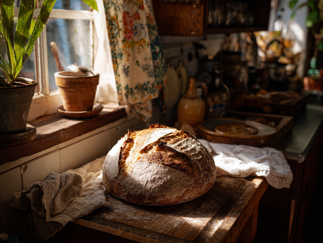 Rustic whole wheat sourdough bread baked with natural starter