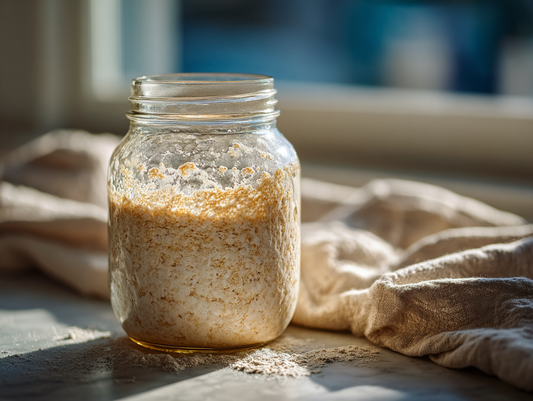 Bubbly and active sourdough starter in a jar after reaching optimal fermentation and hydration level