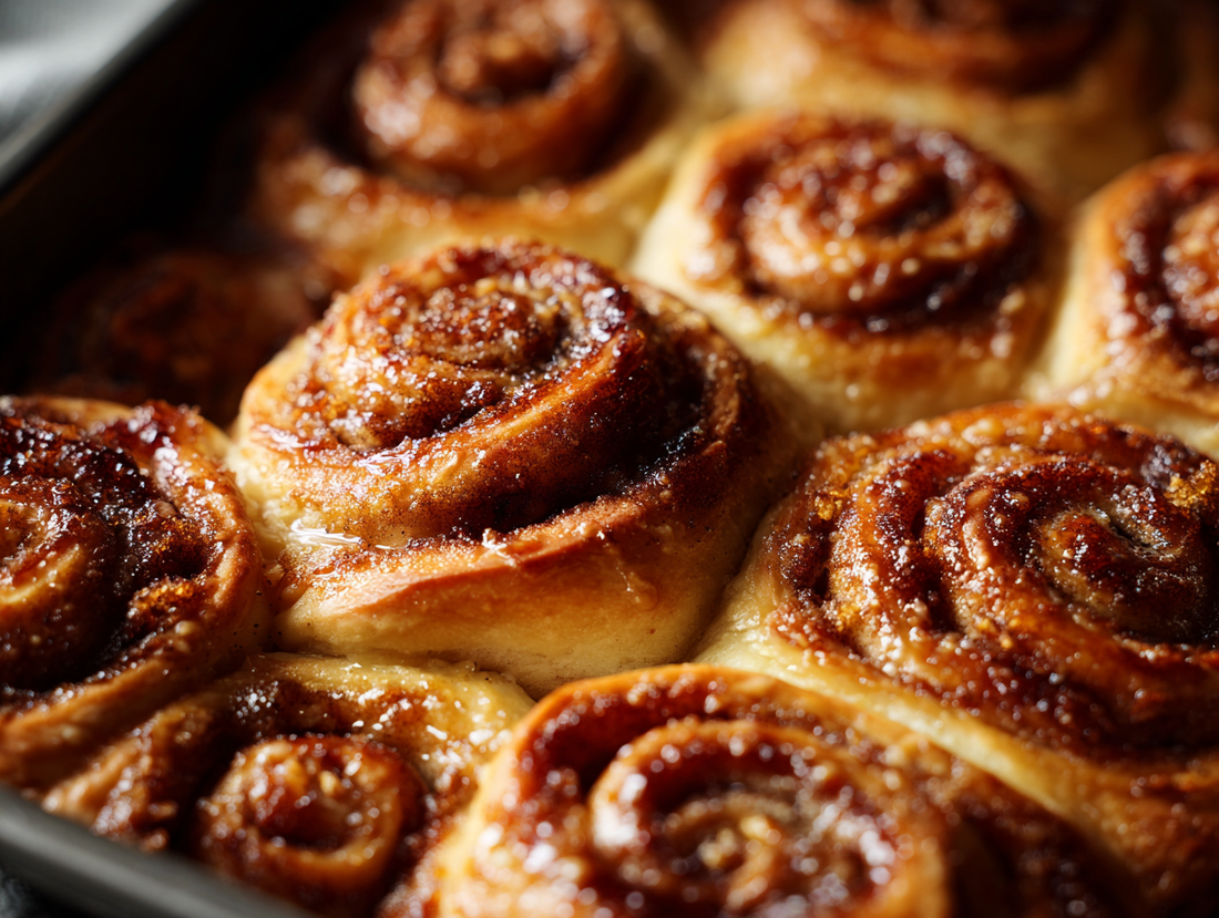 southern sourdough cinnamon rolls fresh from the oven with gooey cinnamon sugar filling and shiny glaze