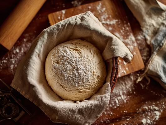 Shaped sourdough bread in proofing basket before cold rise