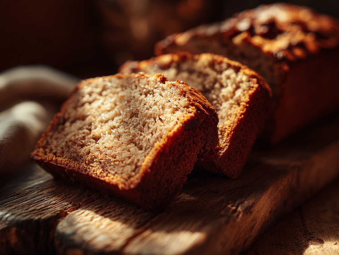 Sliced sourdough banana bread on wooden board