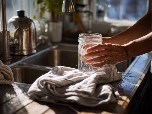 Preparing and sanitizing a glass jar before adding sourdough starter