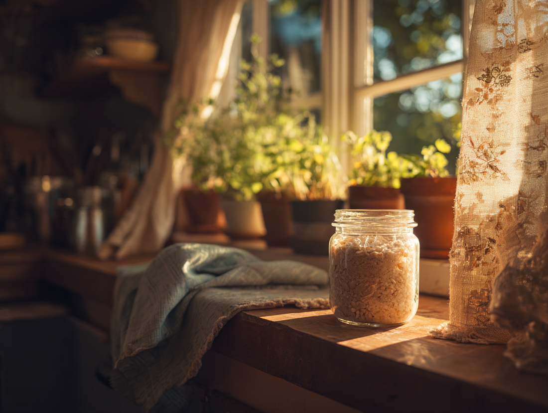 Cozy kitchen with sourdough starter jar resting on a sunlit windowsill