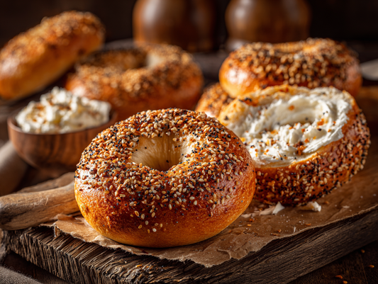 Freshly baked sourdough bagels with sesame and everything seasoning on a rustic wooden surface