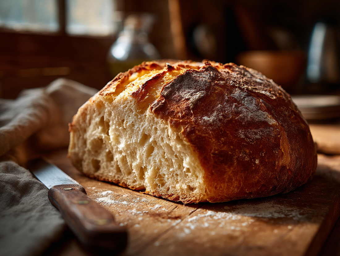 Golden brown sourdough bread made from a potato flake starter, sliced to show fluffy interior.