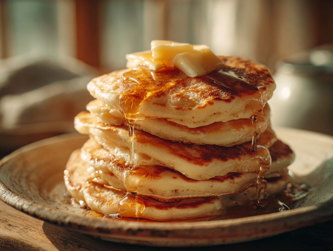 Fluffy sourdough pancakes stacked with butter and maple syrup